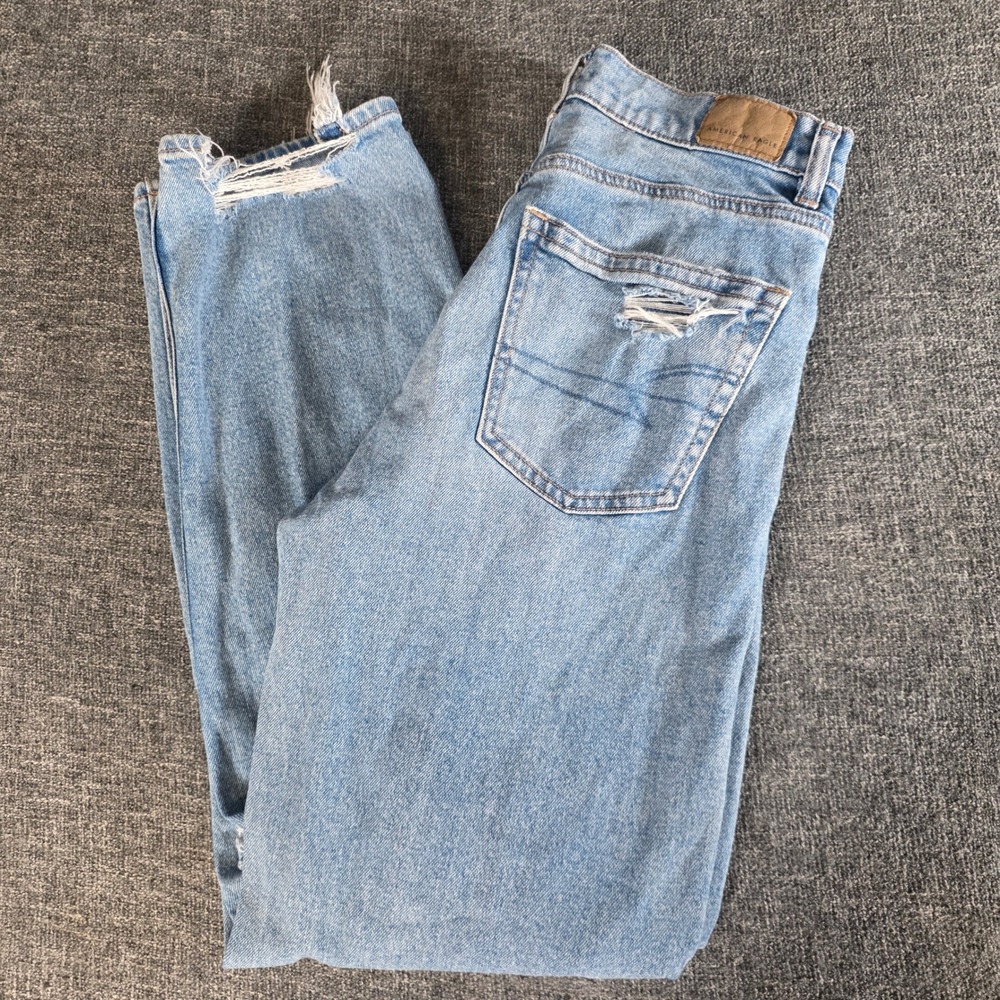 American Eagle Super High Rise Baggy Straight Jeans Women 0 Light Distressed